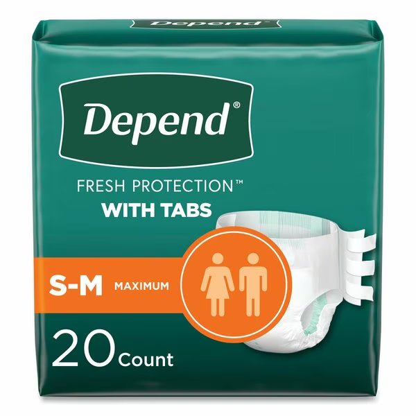 Incontinence Protection with Tabs, Small/Medium, 19 in. to 34 in. Waist, 60PK, Depend, Mfr#: 35456